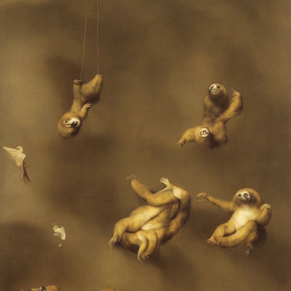 A sloth learning to fly in a beauty salon, painting by rembrandt, award winning